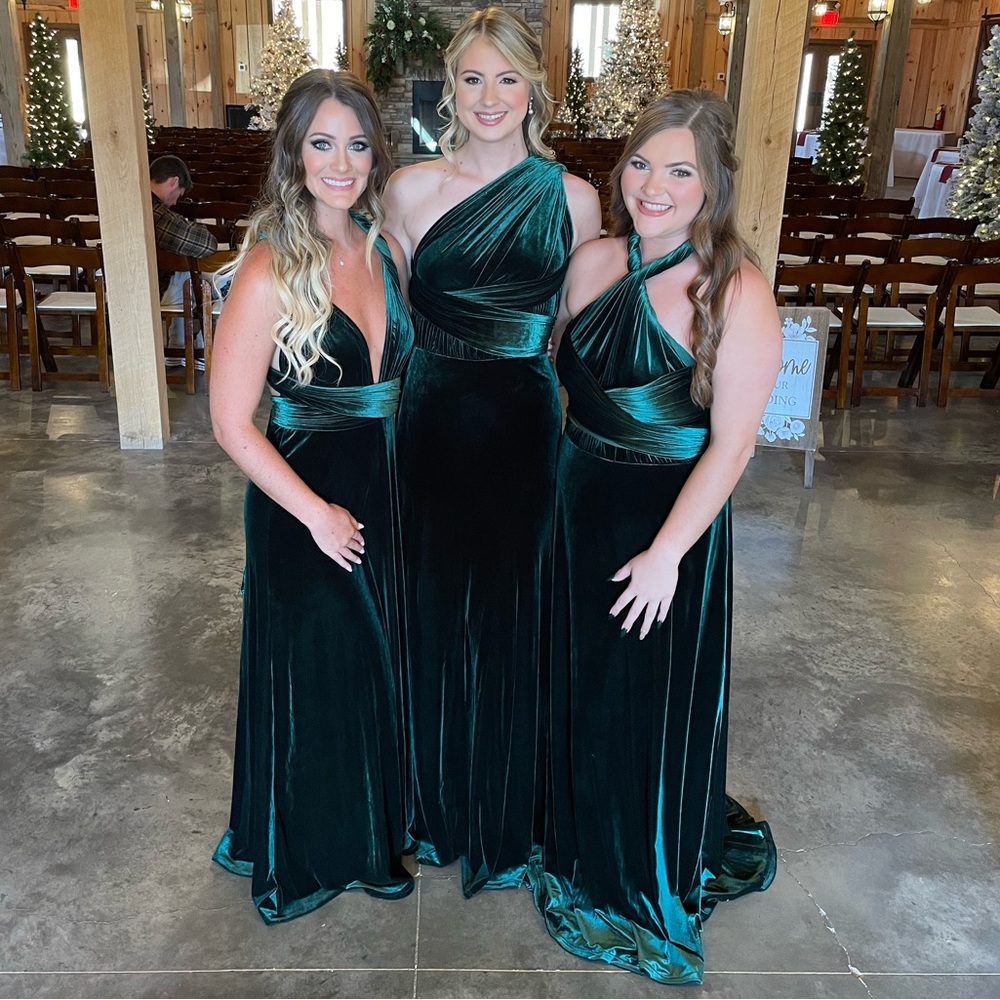 Revelry Emerald Green Velvet Multi Strap Bridesmaids Dress